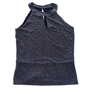 White House Black Market Medium Metallic Halter Top Black Silver SPARKLE‎ Club